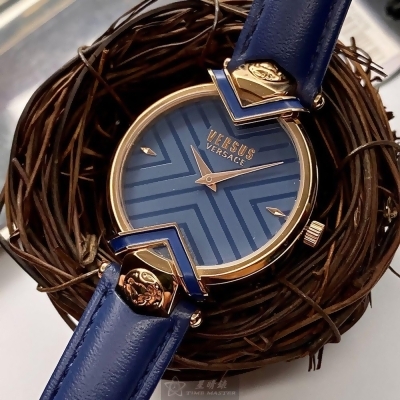 VERSUS VERSACE34mm圓形玫瑰金精鋼錶殼寶藍色錶盤真皮皮革寶藍錶帶款VV00080 