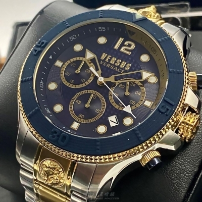 VERSUS VERSACE48mm圓形藍金色精鋼錶殼寶藍色錶盤精鋼金銀相間錶帶款VV00273 