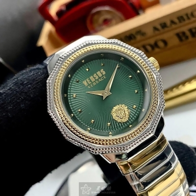 VERSUS VERSACE38mm12角形金銀精鋼錶殼墨綠色錶盤精鋼金銀相間錶帶款VV00088 