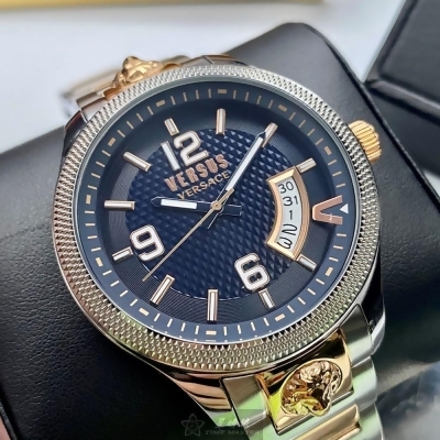 VERSUS VERSACE42mm圓形銀精鋼錶殼寶藍色錶盤精鋼金銀相間錶帶款VV00262 