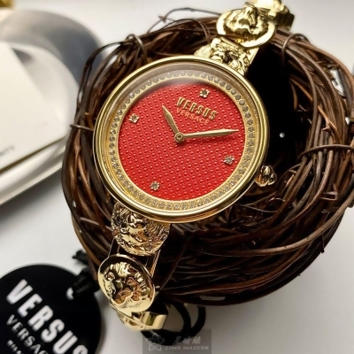 VERSUS VERSACE34mm圓形金色精鋼錶殼紅色錶盤精鋼金色錶帶款VV00090 