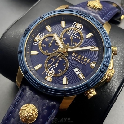 VERSUS VERSACE46mm圓形寶藍精鋼錶殼寶藍色錶盤真皮皮革寶藍菱格紋錶帶款VV00165 