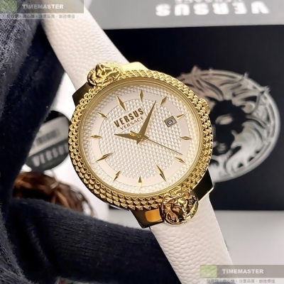 VERSUS VERSACE38mm圓形金色精鋼錶殼白色錶盤真皮皮革白錶帶款VV00117 