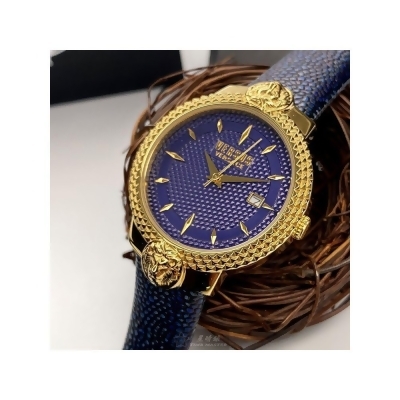 VERSUS VERSACE38mm圓形金色精鋼錶殼寶藍色錶盤真皮皮革寶藍錶帶款VV00311 