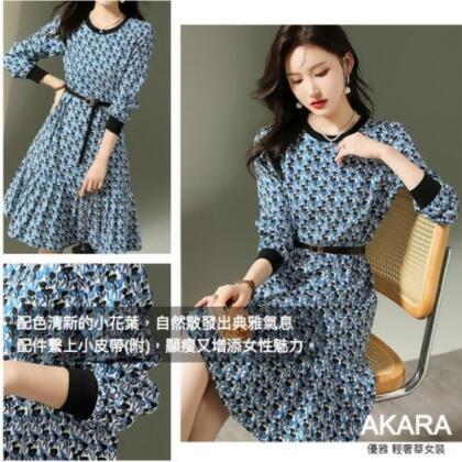 AKARA 清新小花葉藍彩長袖洋裝 