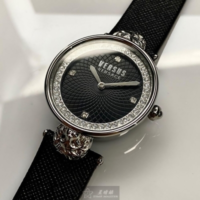 VERSUS VERSACE34mm圓形銀精鋼錶殼黑色錶盤真皮皮革深黑色錶帶款VV00319 