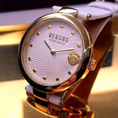 VERSUS VERSACE36mm圓形金色精鋼錶殼白色錶盤真皮皮革白錶帶款VV00320 