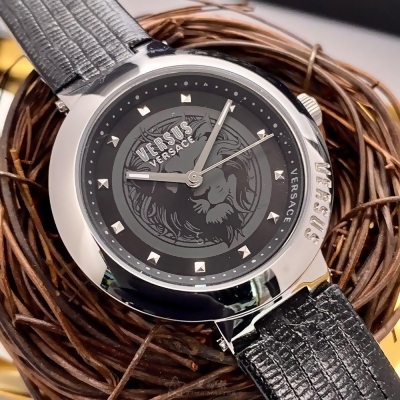VERSUS VERSACE36mm圓形銀精鋼錶殼黑色錶盤真皮皮革深黑色錶帶款VV00321 