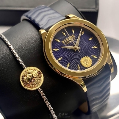VERSUS VERSACE34mm圓形金色精鋼錶殼寶藍色錶盤真皮皮革寶藍錶帶款VV00329 