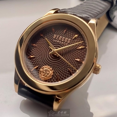 VERSUS VERSACE34mm圓形玫瑰金精鋼錶殼古銅色錶盤真皮皮革咖啡色錶帶款VV00323 