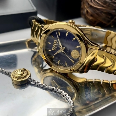 VERSUS VERSACE34mm圓形金色精鋼錶殼寶藍色幾何立體圖形錶盤精鋼金色錶帶款VV00331 