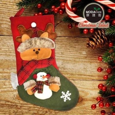 摩達客耶誕-紅綠系麋鹿抱雪人聖誕襪 