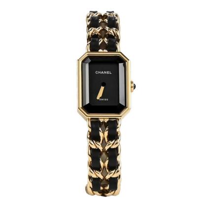 Chanel Première Rocks皮革交織18K金鍊帶八角形鏡面石英錶(黑X金-M) 