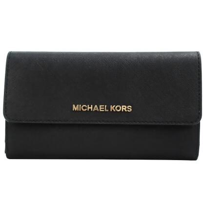 MICHAEL KORS JET SET金字LOGO防刮翻蓋三折長夾-黑 