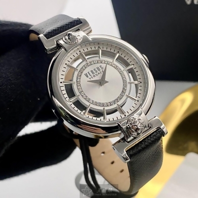 VERSUS VERSACE36mm圓形銀精鋼錶殼銀色錶盤真皮皮革深黑色錶帶款VV00017 