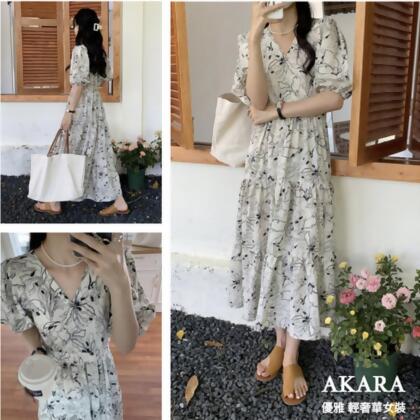 AKARA 線條畫花優雅白裙洋裝 