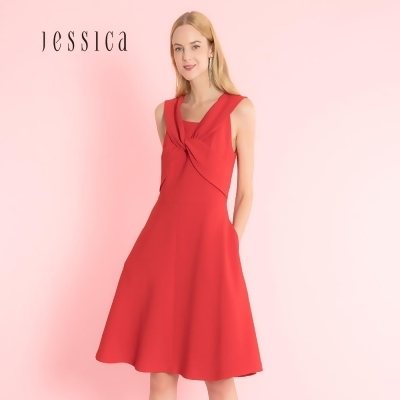 JESSICA -褶皺V領浪漫嫵媚紅色無袖洋裝202173 