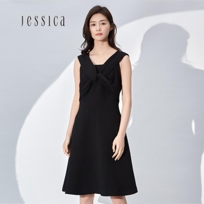 JESSICA -褶皺V領浪漫嫵媚黑色無袖洋裝202173 