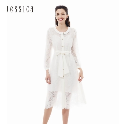 JESSICA -甜美圓領刺繡蕾絲綁帶開襟兩穿洋裝（不含內搭） 