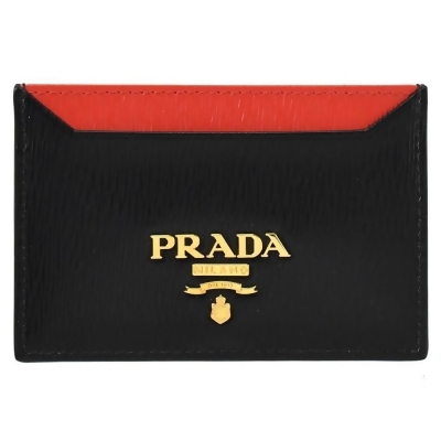 PRADA 1MC208 浮雕LOGO水波紋扁式名片卡夾.黑/紅 