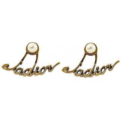 Dior TRIBALES手寫LOGO造型珠珠針式耳環.金 