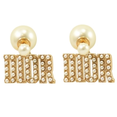 Dior TRIBALES滿版珠飾LOGO吊墜針式耳環.金 