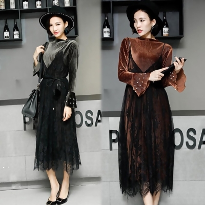 【韓國KW】秋冬現貨新品-完美輕奢華二件式二穿蕾絲絲絨洋裝 