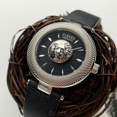 VERSUS VERSACE36mm圓形銀精鋼錶殼黑色錶盤真皮皮革深黑色錶帶款VV00358 