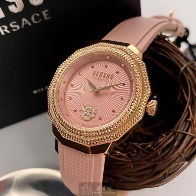 VERSUS VERSACE38mm十二角形玫瑰金精鋼錶殼粉紅色錶盤真皮皮革粉紅錶帶款VV00363 