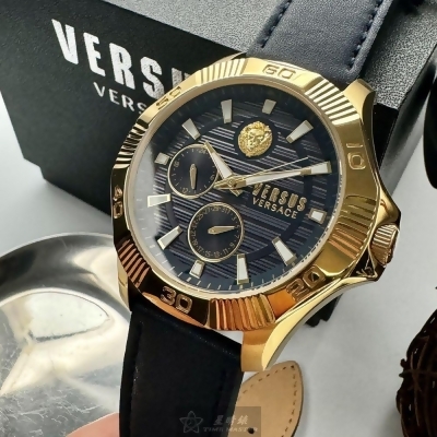 VERSUS VERSACE48mm六角形金色精鋼錶殼寶藍色錶盤真皮皮革寶藍錶帶款VV00368 