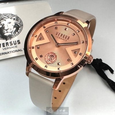 VERSUS VERSACE34mm圓形玫瑰金精鋼錶殼玫瑰金色錶盤真皮皮革米白色錶帶款VV00374 