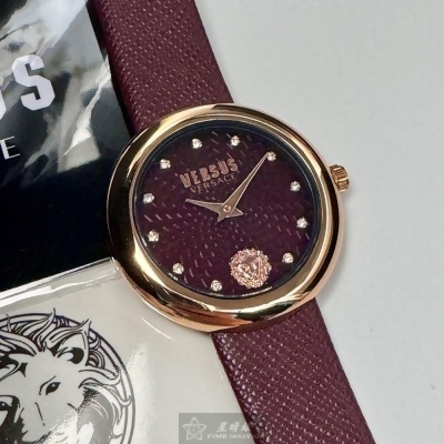 VERSUS VERSACE36mm圓形玫瑰金精鋼錶殼酒紅色錶盤真皮皮革酒紅色錶帶款VV00375 