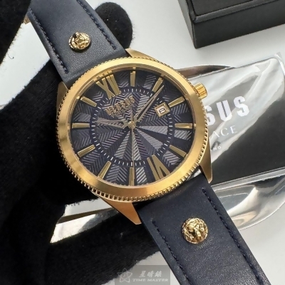 VERSUS VERSACE44mm圓形金色精鋼錶殼黑色幾何立體圖形錶盤真皮皮革寶藍錶帶款VV00381 