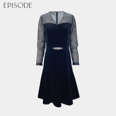 【EPISODE】優雅時尚修身絲絨蕾絲拼接透膚長袖洋裝115275 