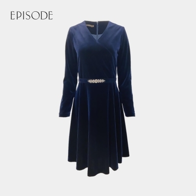 【EPISODE】優雅修身圓擺V領絲絨洋裝115173（藍） 