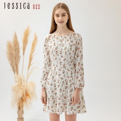 【Jessica Red】浪漫清新小碎花修身長袖雪紡洋裝824172 