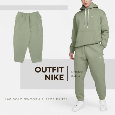 Nike 長褲 Lab Solo Swoosh 男款 綠 棉褲 重磅 刷毛 縮口 寬鬆 刺繡 DX1365-386 