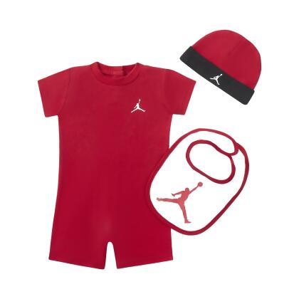 Nike 包屁衣 Jordan Jumpman Baby Rompers 紅 黑 小朋友 帽子 口水巾 純棉 JD2413038NB-001 