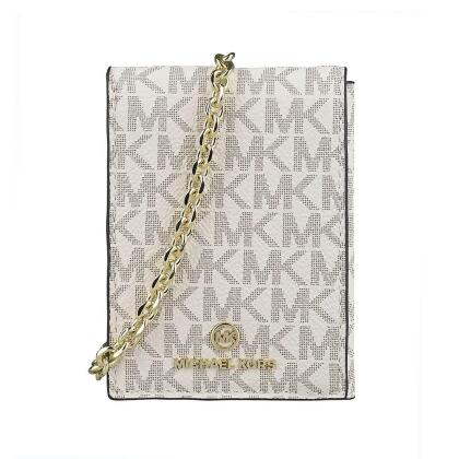 MK MICHAEL KORS Jet Set圓形立體LOGO印花PVC設計牛皮 6卡三折釦式鏈帶卡夾包(奶糖白x深棕) 