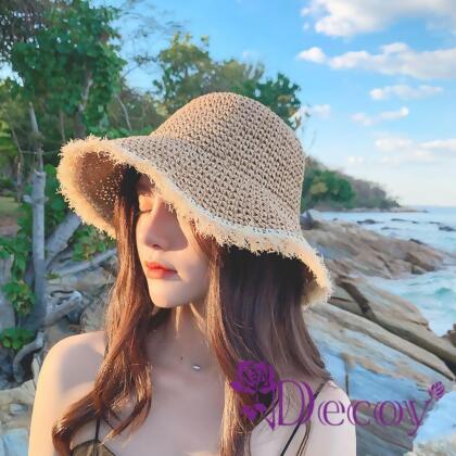 【Decoy】海邊走走*編織抽鬚帽檐防曬遮陽草帽/卡其 
