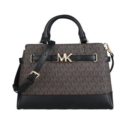 MK MICHAEL KORS REED金屬字母LOGO滿版印花設計PVC拼牛皮拉鍊手提斜背包(小/咖啡x黑) 