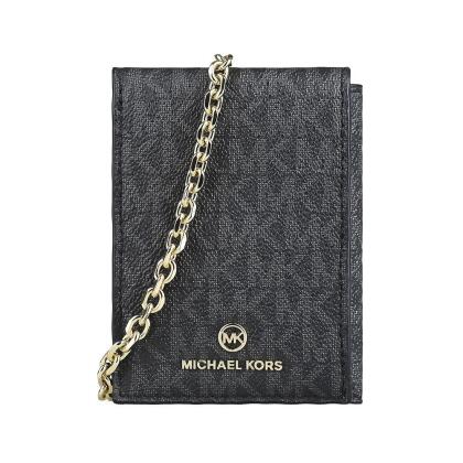MK MICHAEL KORS Jet Set圓形立體LOGO印花PVC設計牛皮 6卡三折釦式鏈帶卡夾包(炭黑x黑) 