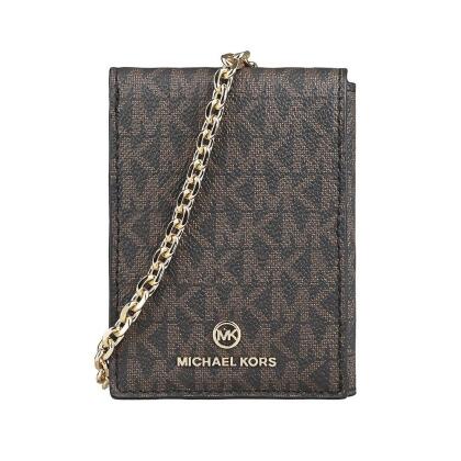 MK MICHAEL KORS Jet Set圓形立體LOGO印花PVC設計牛皮 6卡三折釦式鏈帶卡夾包 
