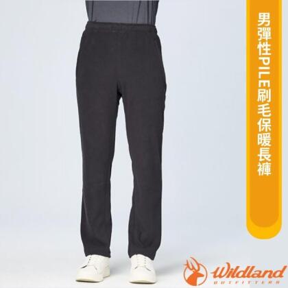 【荒野 WildLand】男 彈性PILE刷毛保暖長褲.運動休閒居家褲.刷毛褲/W2536-54 黑色 