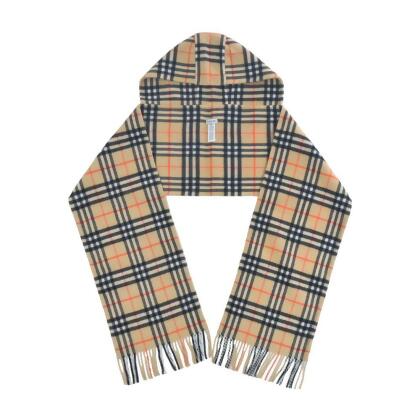BURBERRY格紋羊絨連帽圍巾(沙色) 