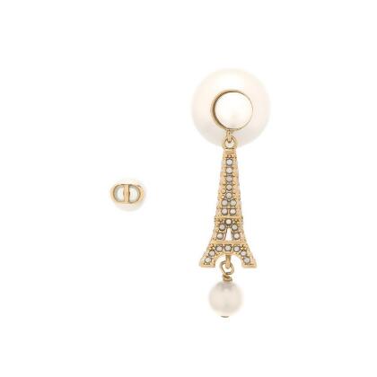 【DIOR】Tribales 鐵塔及珍珠不對稱針式耳環(金色/白色)_展示品 