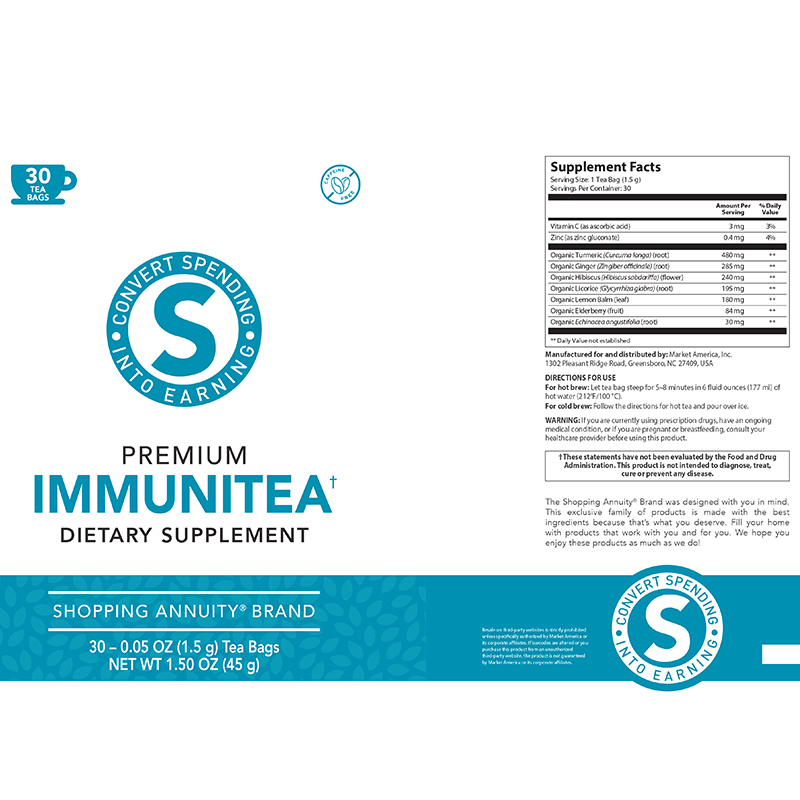 Shopping Annuity Brand Premium ImmuniTea front and back Product Label. See Product Label Details section further below.