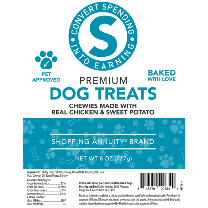 Shopping Annuity Brand Premium Chicken & Sweet Potato Dog Chewies Product Label. See Product Label Details section further below.