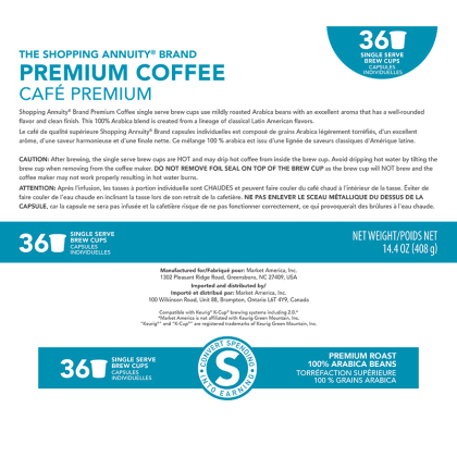 Shopping Annuity Brand Premium Coffee Product Label. See Product Label Details section further below.