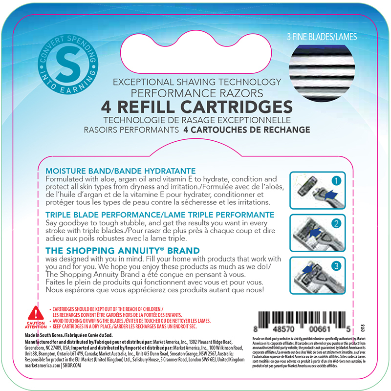 Shopping Annuity Brand Performance Razors Refill Cartridges Product Label. See Product Label Details section further below.
